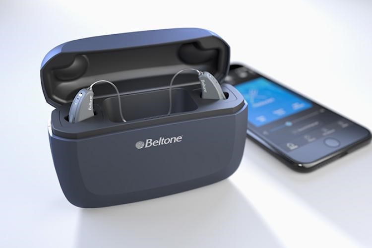 Beltone hearing aids with charger and connected to app